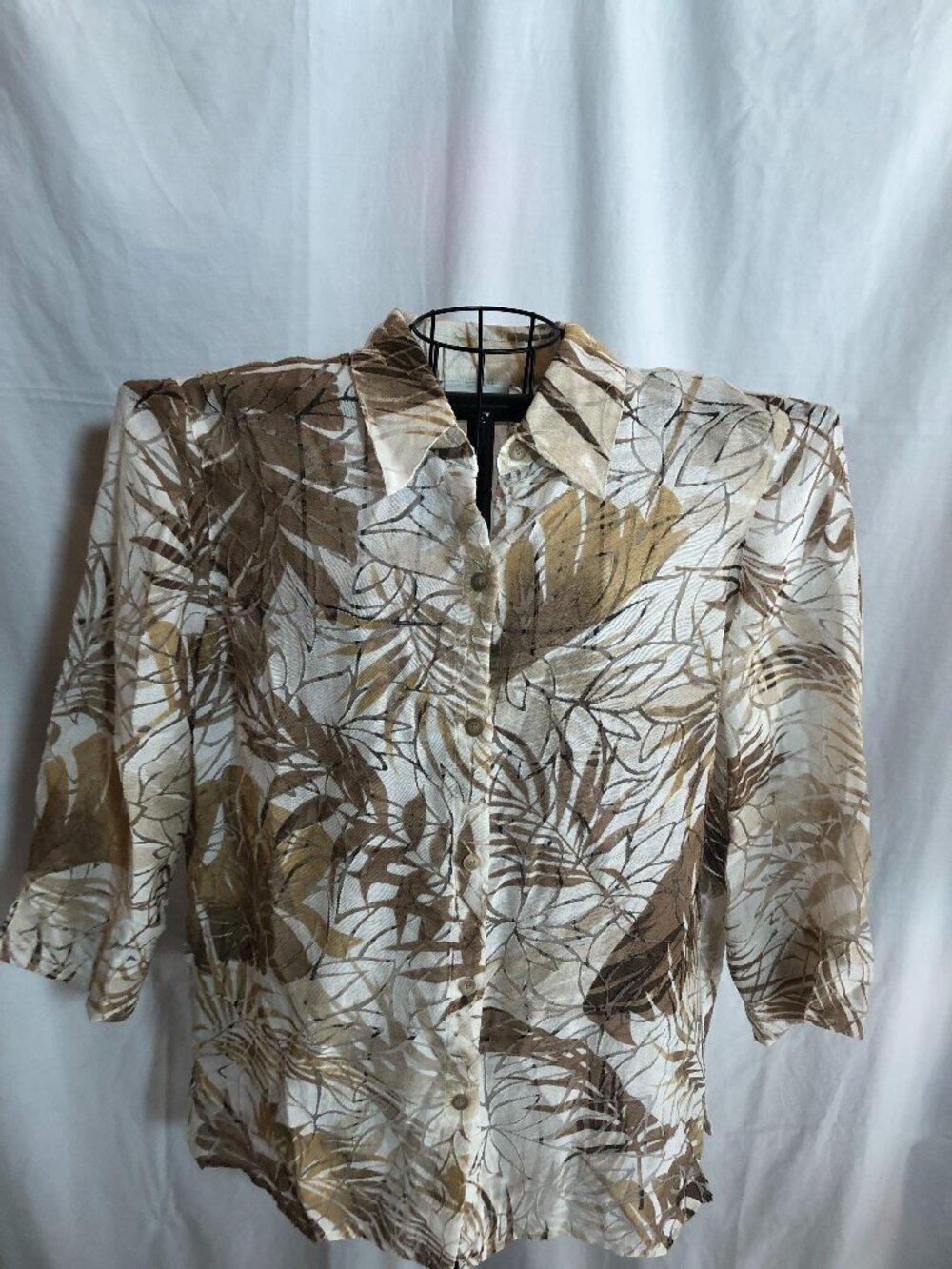 Alfred Dunner Sz 14 Tan Tropical Sheer 3/4 Sleeve Blouse 23" Pit to Pit